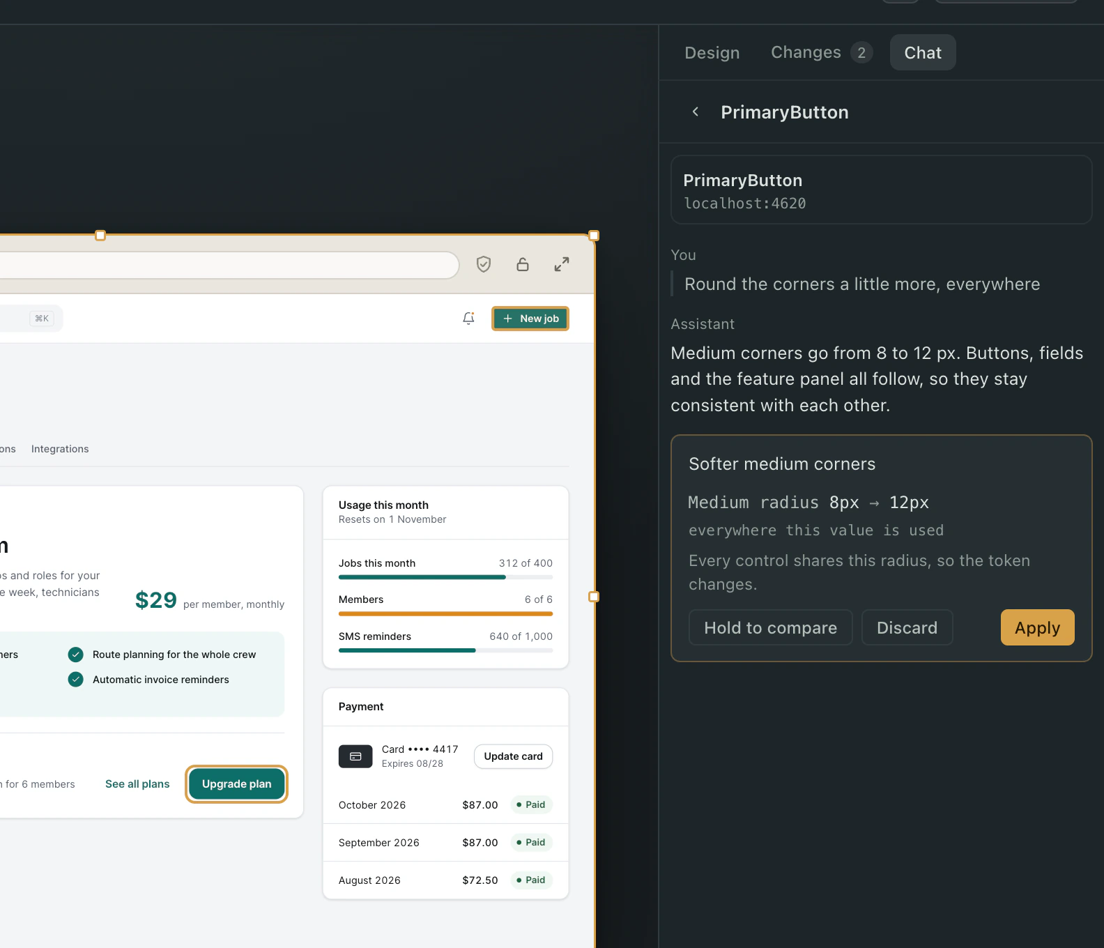 The Chat tab: the person asked to round the corners a little more, and the assistant proposes changing the medium radius token from 8px to 12px everywhere it is used, with Hold to compare, Discard and Apply.